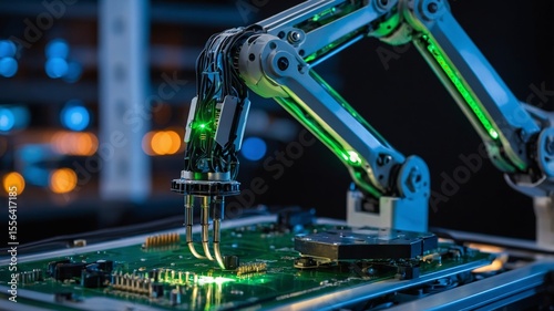 Advanced Robotic Arm Assembling Components on a Circuit Board in a High-Tech Factory During the Evening