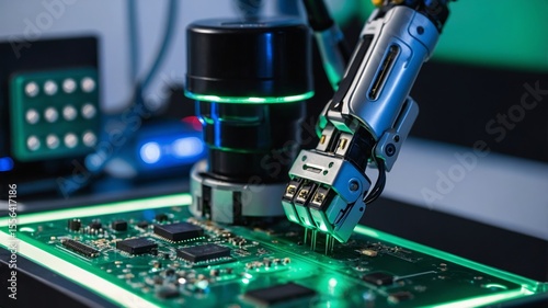 Robotic Arm Assembling Electronic Components on a Circuit Board in a Modern Technology Lab During the Day