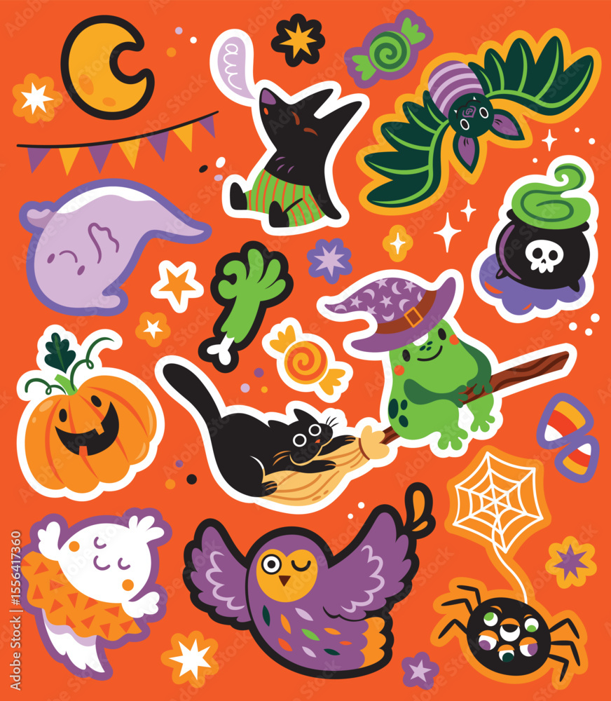 Fototapeta premium Print design. Spooky season with cartoon funny characters. Vector illustration