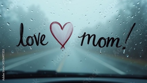 Rain Drops and Love You Dad Text on Car Window at Night snowfall misty 