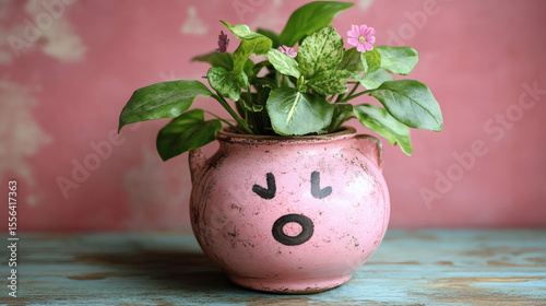 Pink Potted Plant with Painted Face on Rustic Wooden Surface