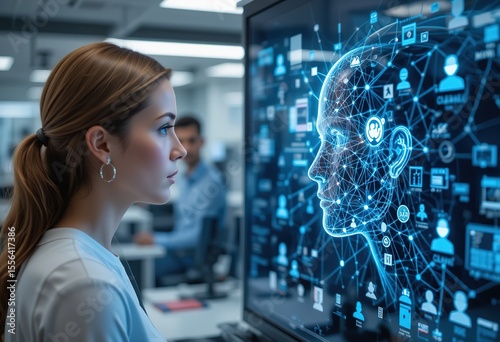 Woman uses AI tech to analyze employee data. Artificial intelligence connects with network points on face. Business team collaboration in office. Modern tech innovation concept, 4k details Resolution 