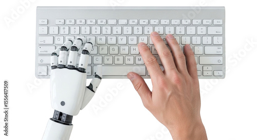 Artificial intelligence is depicted with human and robot hands typing on a keyboard on a transparent background.