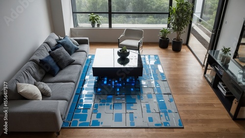 Modern Living Room With Stylish Furniture and a Unique Rug, Showcasing a Blend of Comfort and Contemporary Design