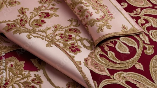 Luxurious Embroidered Fabric Showcasing Intricate Gold and Red Designs Against a Soft Pink Background in a Textile Studio