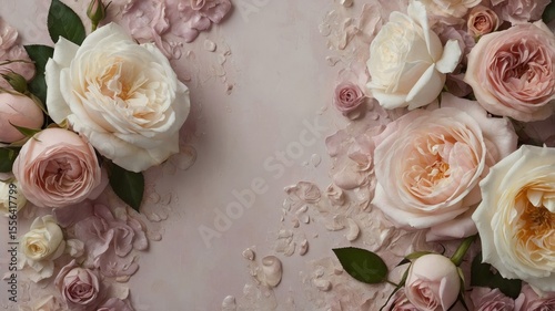 Beautiful Composition of Pale Roses and Petals Arranged Artistically on a Soft Background During a Serene Moment in a Floral Studio
