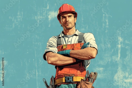 Portrait of a construction worker with his arms crossed, wearing a hard hat, overalls, and tool belt, exuding confidence and professionalism