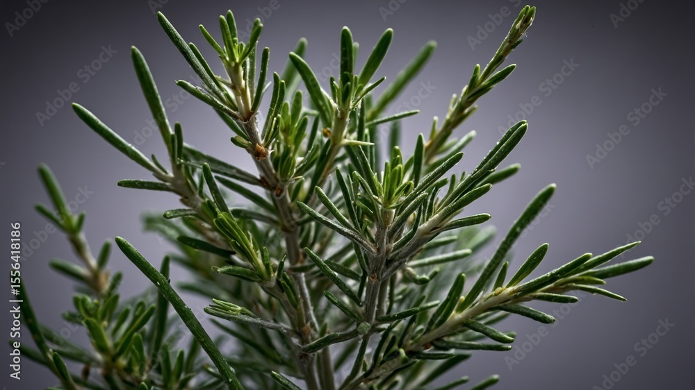 Fototapeta premium Close-up View of Vibrant Rosemary Plant Showcasing Detailed Green Leaves Against a Dark Background in Natural Lighting