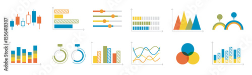 Modern infographic charts and graphs set with vibrant colors.