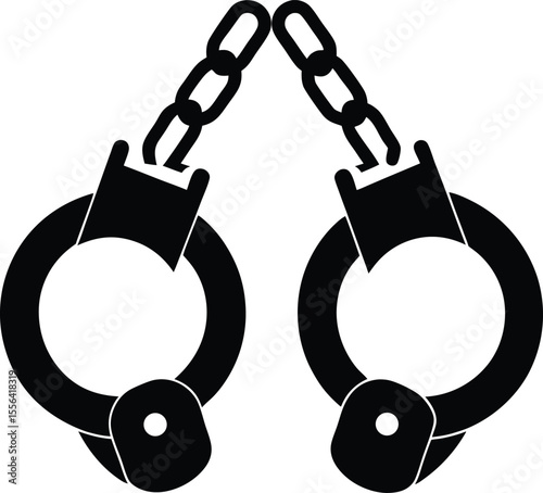 Pair of metal handcuffs connected with chain silhouette vector illustration.