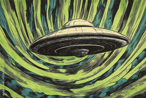 Spaceship flying through green wormhole, experiencing spacetime distortion, traveling through interstellar space