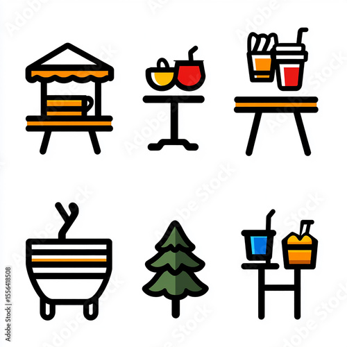 Pixel Art Icons: Picnic, Outdoor Cafe, Park Furniture, and Trees – Perfect for Website or App Design