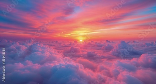 Red, purple and yellow epic sunset over the clouds