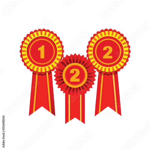 Collection of three elegant red award ribbons with decorative gold accents isolated on transparent background