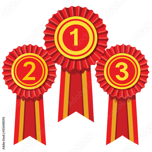 A set of three elegant red award ribbons with detailed gold accents and decorative elements isolated on transparent background