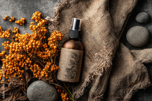Herbal spray bottle with fabric label on linen cloth and dried berries