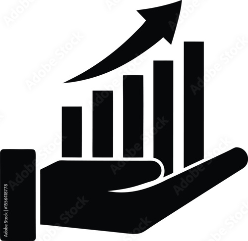 Hand holding rising graph with arrow pointing up silhouette vector illustration.