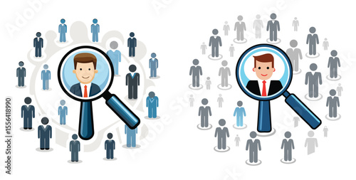 Businessman Candidate Selection Process Magnifying Glass Icon Illustration Blue Gray