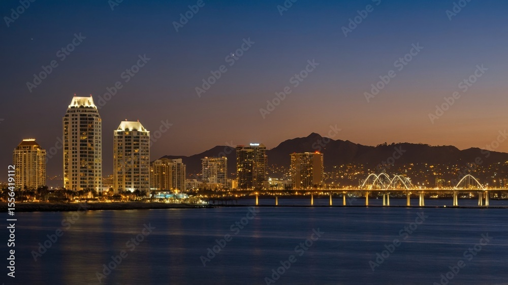Obraz premium Night View of Illuminated Skyscrapers and Bridge in a Vibrant City Skyline During Twilight
