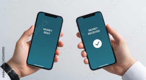 Two smartphones showing a successful money transfer