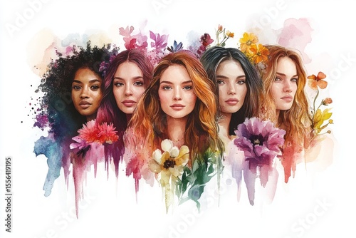 Watercolor painting celebrating diversity and femininity, featuring five women with different ethnicities and hair colors surrounded by vibrant flowers