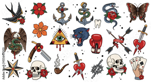 Vintage Tattoo Flash Art Collection Designs of Anchors, Flowers, Animals, and More