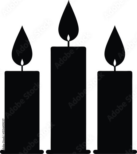 Three burning candles flame light decoration silhouette vector illustration.