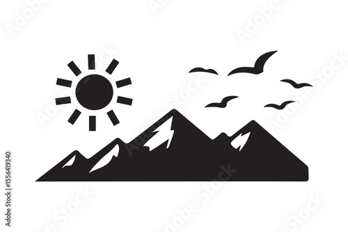 Mountain and rising sun icon silhouette on white background.