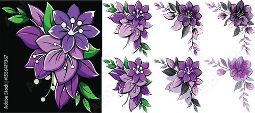 Purple Flower Arrangements Dark Background White Background Floral Designs Botanical Illustrations