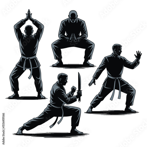 Ninja Silhouettes: Martial Arts Poses, Vector Graphics for Design Projects