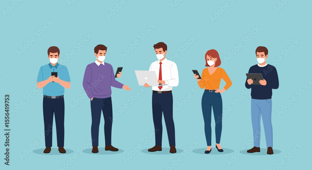 Fototapeta premium People Wearing Face Masks Using Technology Vector Illustration