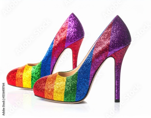 Rainbow Glitter High Heels: A pair of vibrant rainbow glitter high heels, stylish and eye-catching footwear for a fashionable statement.