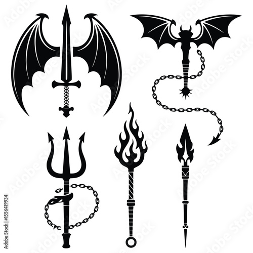 Pixel Art: Devilish Weapons & Wings - Black & White Design Elements