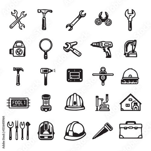 Construction tools and equipment for building and repair work icon set