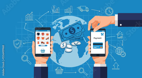Global Online Shopping Mobile Payment & E-commerce Illustration