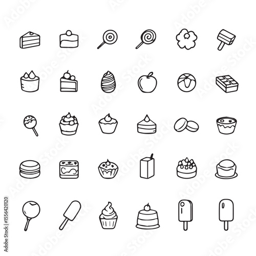 Sweet dessert food pastry bakery cake candy outline drawing icon set