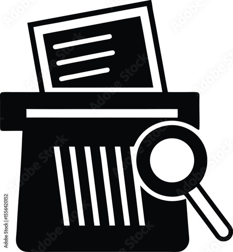 Document shredder with magnifying glass silhouette vector illustration.
