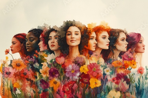 Watercolor painting representing diversity and femininity with women and flowers