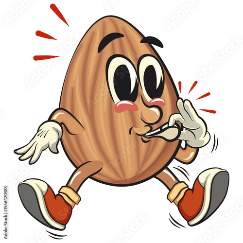 cute almond mascot cartoon vector illustration blowing the whistle, isolated nut character for healthy food branding, packaging, and snack advertisement, work of hand drawn