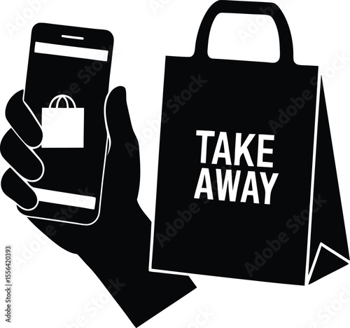 Hand holding phone with takeaway bag silhouette vector illustration.