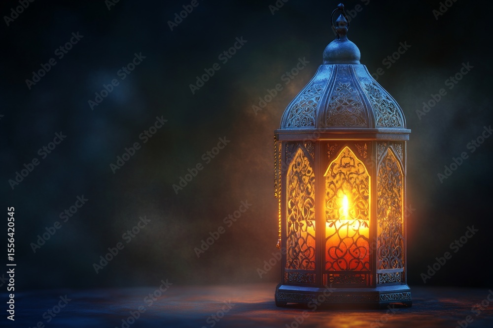 Fototapeta premium Traditional lantern with intricate metalwork casting a warm glow in a dark, atmospheric setting