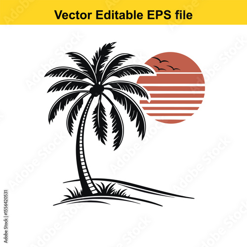 Retro Palm Tree Sunset Graphic Vintage Tropical Design Silhouette Illustration Vacation Vibes Island Getaway Nature Inspired Vector Art