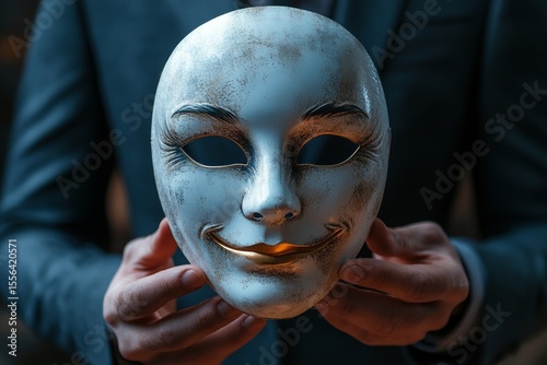 Businessman showing theatrical mask with fake smile, representing hidden intentions, deception and lies