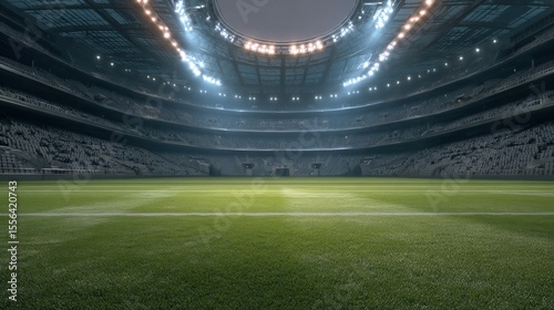 An empty soccer stadium with green grass, suitable for sports events photo