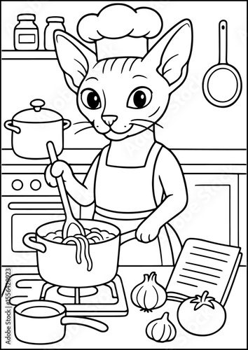 Anthropomorphic Animals, coloring page, This stylish Sphynx cat whips up delicious meals with flair.