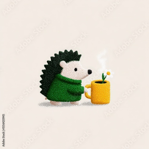 Cartoon hedgehog brewing tea with flower steam