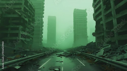 Post-apocalyptic cityscape in a dense fog after a catastrophic event, devastation