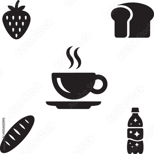 A strawberry, cup of coffee, bread, and bottle icons
