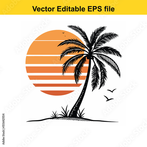 Retro Palm Tree Sunset Graphic Vintage Tropical Design Silhouette Illustration Vacation Vibes Island Getaway Nature Inspired Vector Art