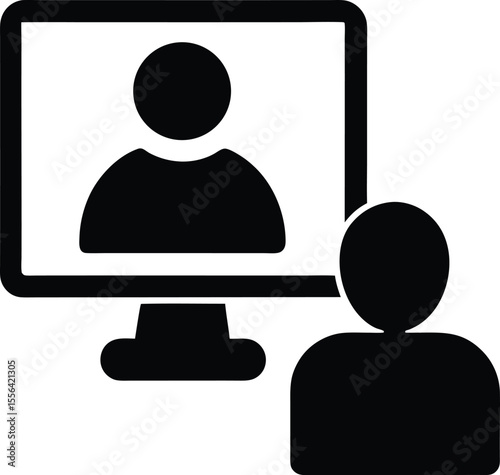 Online meeting with computer screen person silhouette vector illustration.